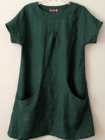 Plain Pockets Round Neck Short Sleeves Blouse