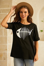 Fish Print O-neck Short Sleeves T-shirt
