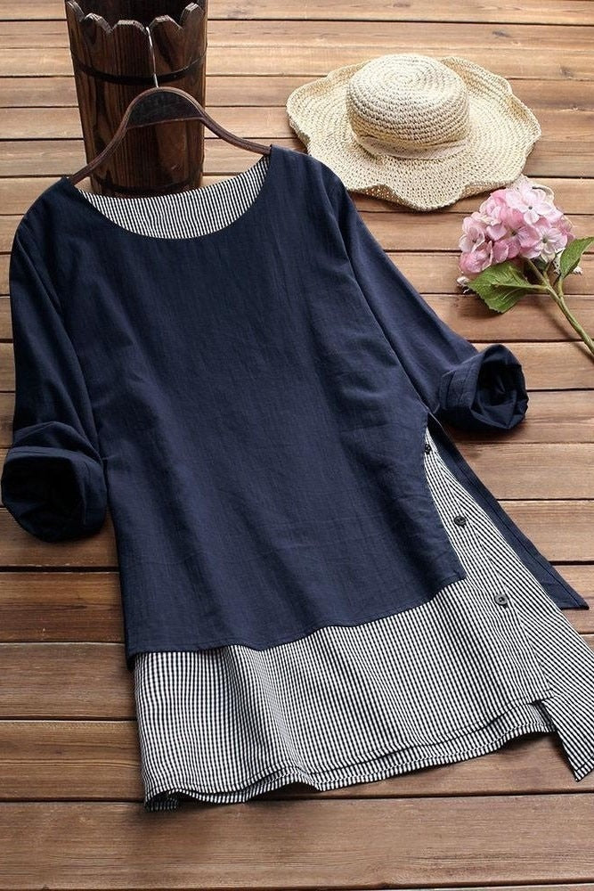 Stripe Patchwork Casual O-neck Long Sleeves Shirts & Tops