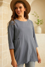Solid Pockets Crew Neck 3/4 Sleeves Blouse