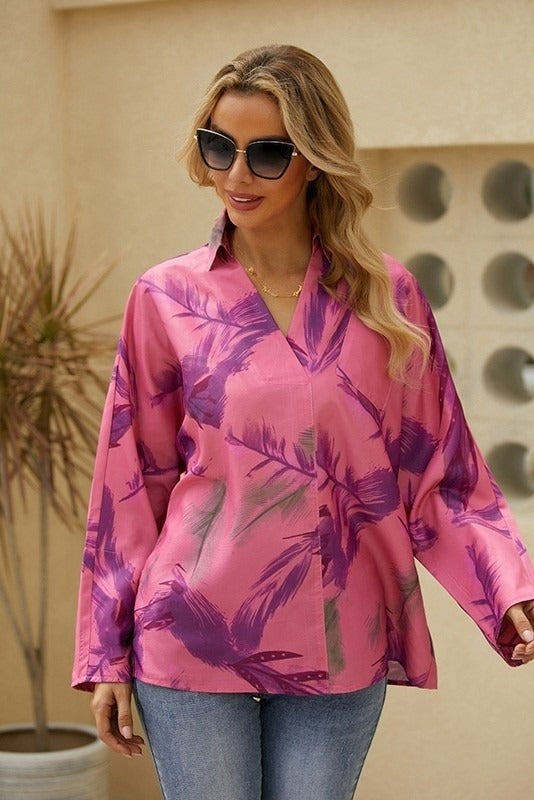 Plant Print Collared Neckline Long Sleeves Blouse