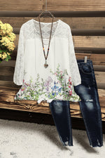 Daily White Floral V-neck 3/4 Length Sleeves Shirt