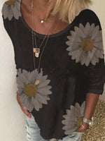 Floral Scoop Neck 3/4 Length Sleeves Shirt