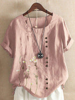 Floral Print Buttons Round Neck Short Sleeves T-shirt