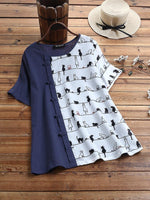 Cartoon Cat Print Buttons Round Neck Short Sleeves T-shirt