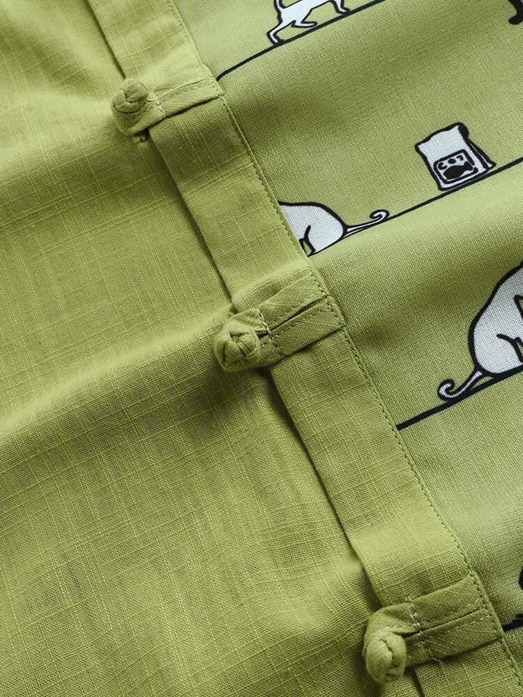 Cartoon Cat Print Buttons Round Neck Short Sleeves T-shirt