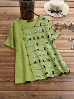 Cartoon Cat Print Buttons Round Neck Short Sleeves T-shirt