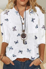 Butterfly Print Buttons 3/4 Sleeves Blouse