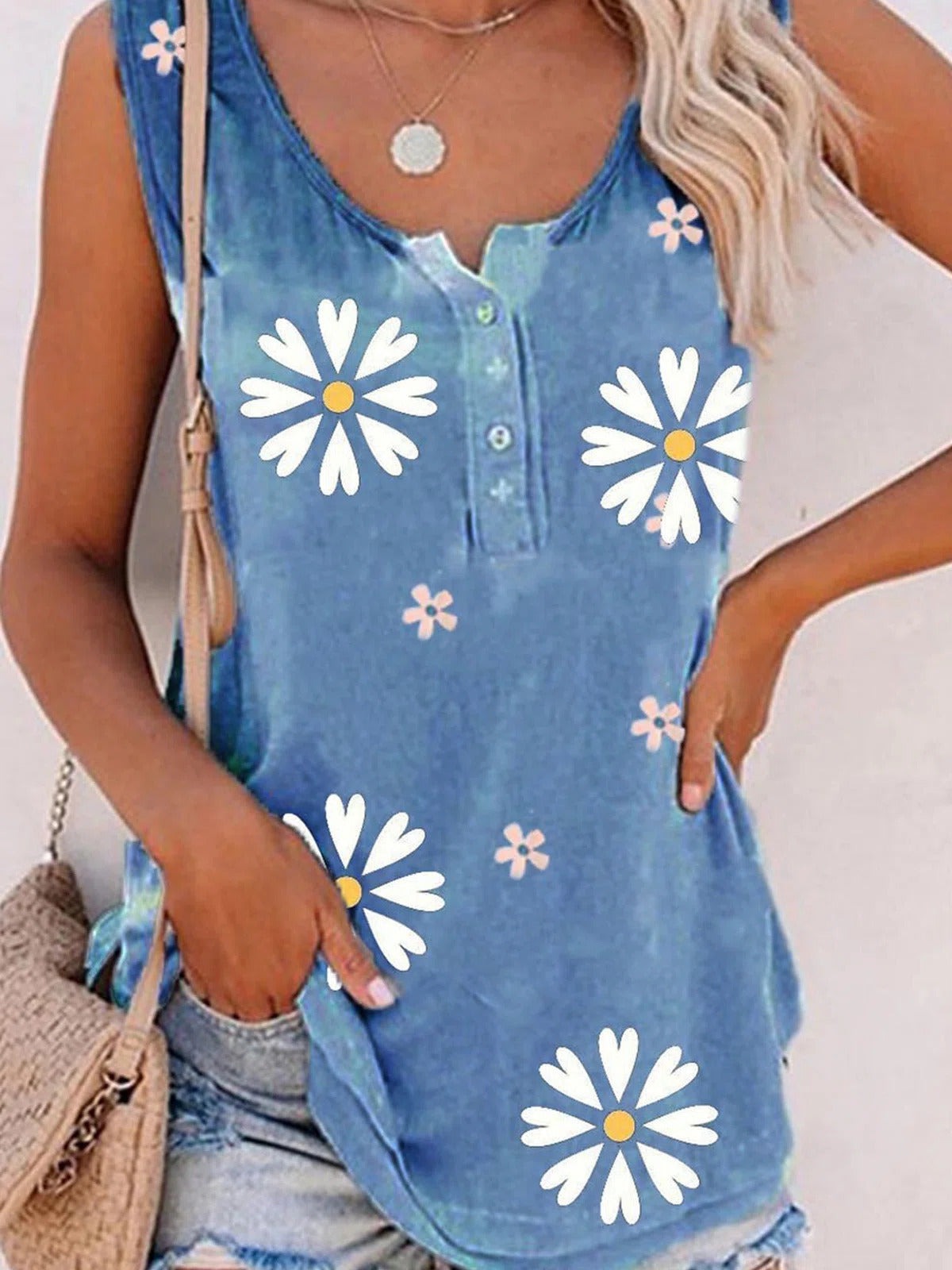 Floral Print Buttons Sleeveless Vest Tops