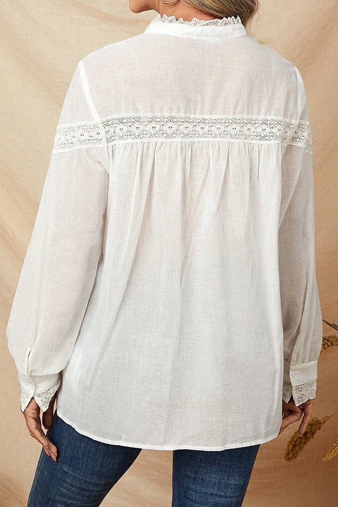 Solid Color Lace Stand Collar Long Sleeves Blouse