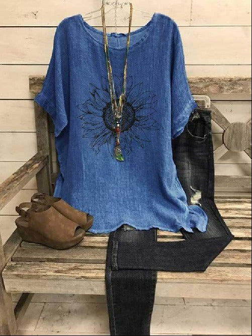 Floral Print Round Neck Short Sleeves Blouse