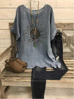 Floral Print Round Neck Short Sleeves Blouse