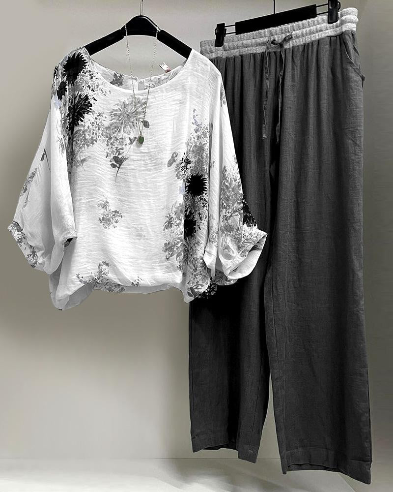 Floral Print Casual Long Sleeves Two Piece Set