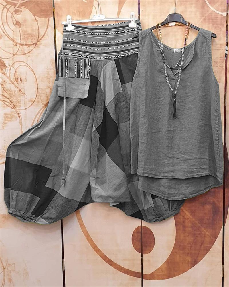 Color Block Casual Loose Sleeveless Two Piece Suit